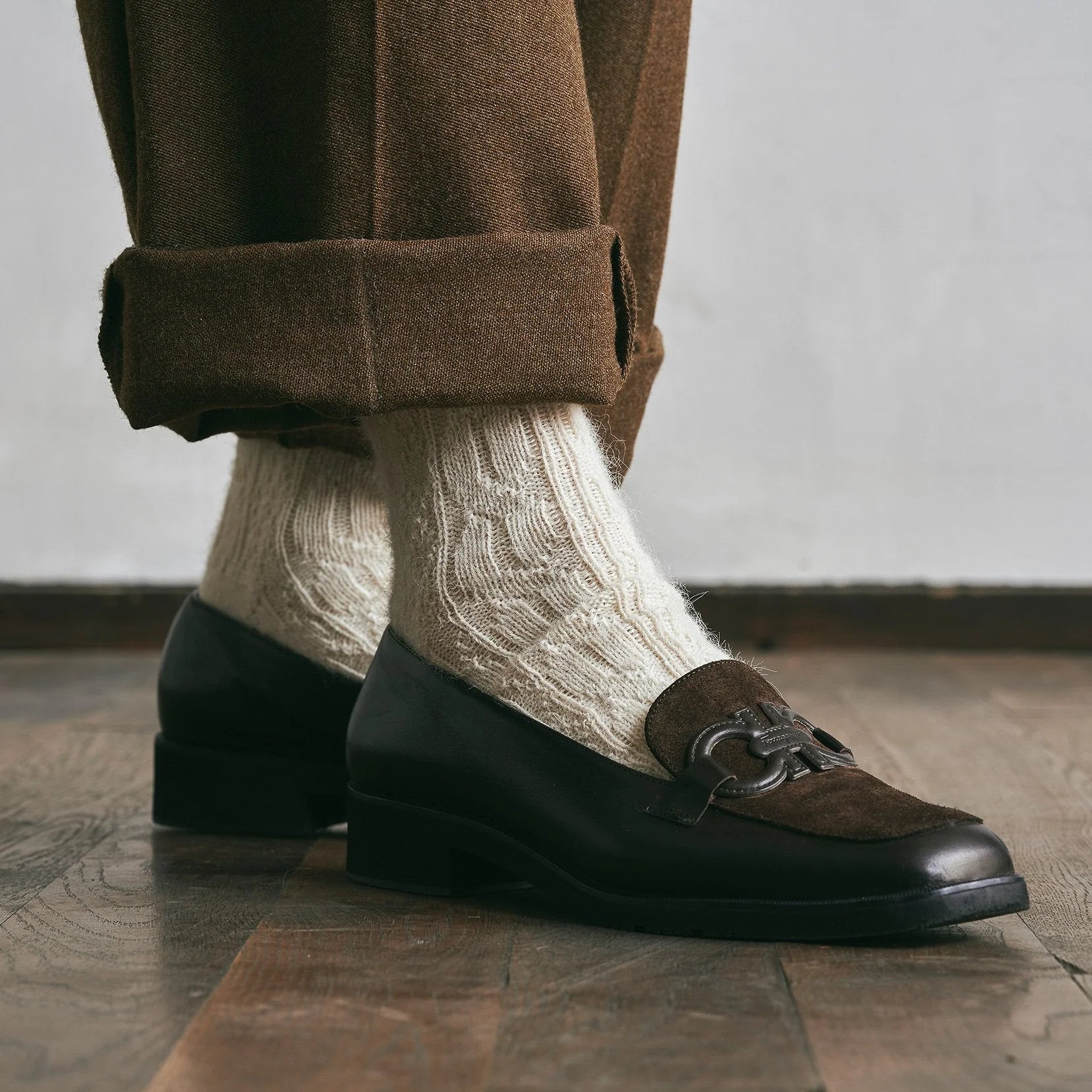 Alpaca Cable Pattern Socks in Dark Brown